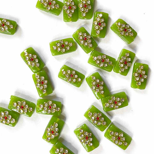 Parrot Green Color Rectangle Shape Beads With Kundan Work Pack Of 6
